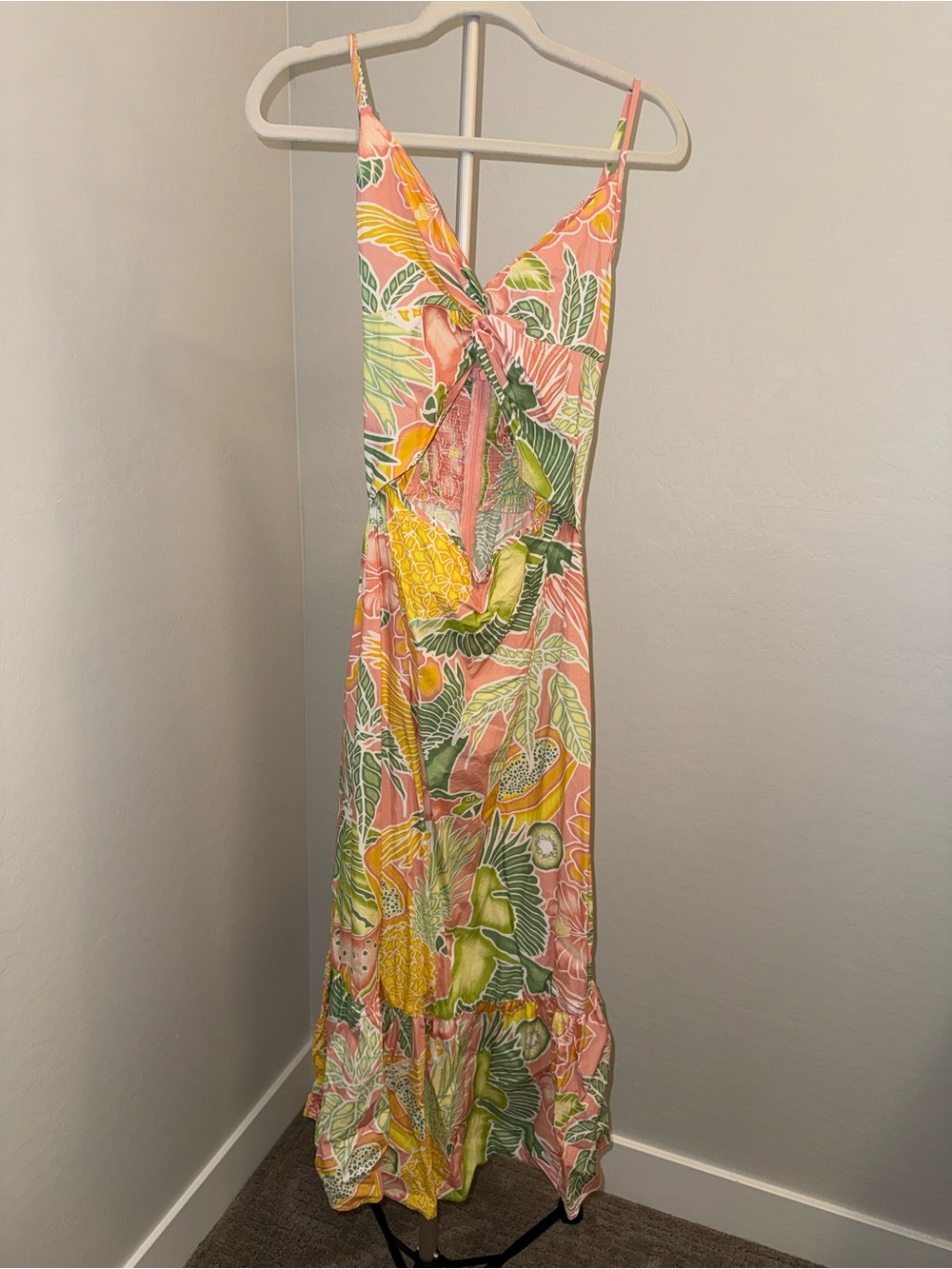 Kenny Flowers Pink Tropical Fruit Print Maxi Dress Front Cut-Out